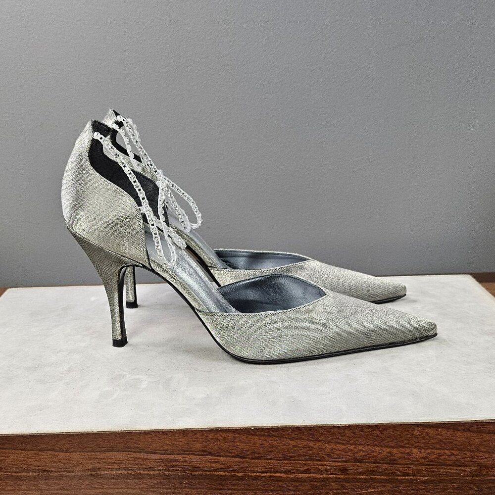 Stuart Weitzman Iridescent Silver Stiletto Heels w Diamond Jeweled Ankle Strap